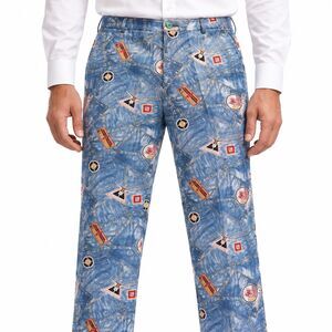 Mens 36 Blue Denim Aviation Print Cotton Straight Fit Dress Pants Trousers NWT